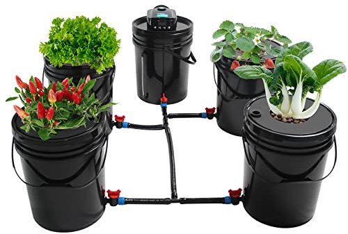 DRFGHK DWC Hydroponics Grow System mit Top-Drip-Kit, 5 Gallonen Deep Water Culture Kit, Recirculating Drip Garden System mit 4 Eimern, Luftpumpe, 19,7 Fuß Luftschlauch, Luftpumpe und Luftstein