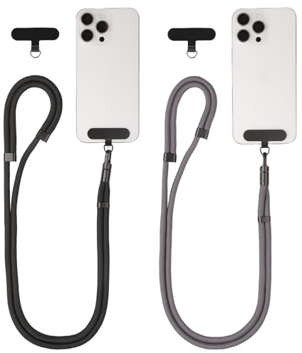 Segus Handy Kette zum Umhängen, 2 Stück 7mm Handy Umhängeband, Handyband Verstellbar mit Robuste Haken und 4 Stück Universelles Pad, für Holiday, Outdoor, Reise (Schwarz + Dunkelgrau)
