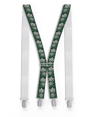 Zukunftsenkel Hosenträger mit Edelweiß-Muster, 3,5cm Breit, X-Form, Edelweiß 4 Starke Clips Herren Damen Skihose Arbeitshose Verstellbar, Elastisch Fasnacht H-Form