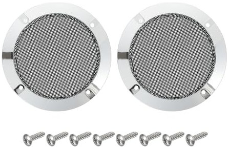 sourcing map 2 Pcs 4inch Black Speaker Grill Mesh Metal Woofer Guard Protector Dust Cover Bright Silver Decorative Circle ABS Frame with Screws for Home Audio Car Speaker Replacement