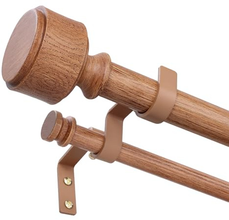 Wolistsa Doppelte Gardinenstangen aus Holz für Fenster, 183 bis 362 cm, verstellbar, dekorativ, 2,5 cm lang, Boho, robuste Doppelvorhangstange, Bauernhaus, doppelte Gardinenstange mit moderner