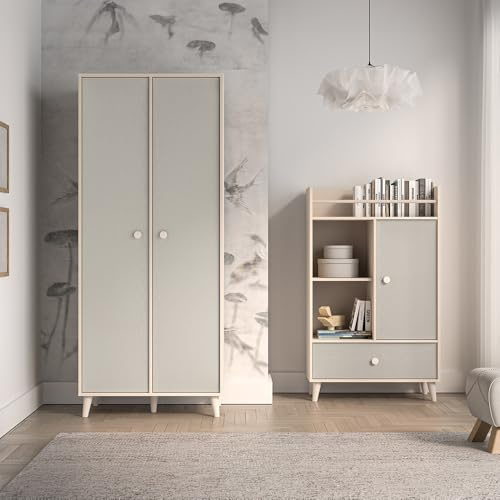 Lomadox Jugendzimmer Set 2-teilig in Sandbeige mit grau fühlbare Struktur Kleiderschrank 2-türig Kleiderstangen Regal modern