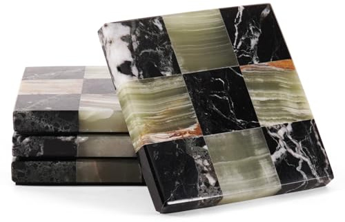 Sottobicchieri Marmo Set da 4, Zebra Nero e Verde, Quadrati 10 cm | Sottobicchieri quadrati in marmo naturale fatti a mano, motivo zebrato, base in feltro antiscivolo, decoro elegante casa