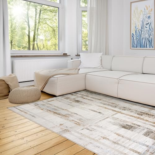 Astra Moderner Teppich Wohnzimmer, Schlafzimmer - Weiches Flachgewebe für Innen - Flauschiger Kurzflorteppich - Teppich Striche grau-beige, 160 x 230 cm