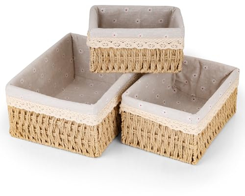Axincardarm Wicker Storage Basket Woven Makeup Baskets for Storage Set Of 3 | for Bathroom Shelve Table Organiser, with Removable Liners, 18.5 x 12.5 x 9.5cm, 22.5 x 16.5 x 10.5cm, 26.5 x 20.5 x 12cm