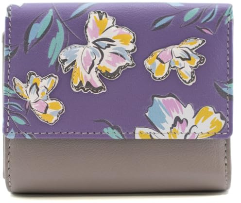 Mala Leather Zinnia Flower Tri-Fold Purse – Genuine Leather – Floral Appliqué – 9 Card Slots, 2 ID Windows, Zip Coin Pocket – Grey/Pink or Purple/Grey – 11 x 9 x 3.5 cm (Purple)