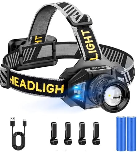 SENDALE Stirnlampe Led Wiederaufladbar,Superhell 120000 Lumens Kopflampe Stirnlampe mit 12 Modi & Sensor & IPX7 Wasserdichte & 90° Verstellbar stirnlampe Led für Camping Angeln