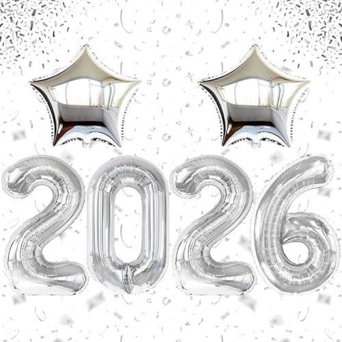 Luftballons Silvester, Silvester Deko 2026, 8 Stück Neujahrsballons Inklusive 4* Zahlen 2*Sterne 1*Strohhalm 1*Bandrolle, für Abschlussfeiern Geburtstage Weihnachten Silvesterpartys (Silber)