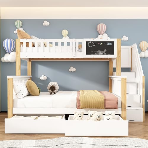 LANTRO JS Hochbett 90x200 und 140x200, Weiß+Helle Eiche | Mit Treppe und Stauraum, Ohne Matratze, 252x140x158cm