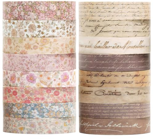 Rbleote Washi Tape Vintage 16 Rollen Little Flowers Und Handgeschriebene Zeichen Washi Tape Für DIY Handwerk Verschönert Journals Planer Scrapbooking Und Verpackung