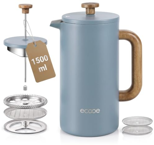 ecooe French Press Kaffeepresse 1,5 L Edelstahl Ddoppelwandig | Thermo Kaffeebereiter aus 18/10 Edelstahl mit 2 Ersatzfiltern für Kaffee, Tee, Büro, Camping und Familie
