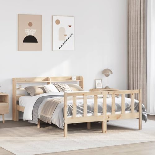 Kaloriko Massivholzbett 140x200 cm Kiefernholz, unbehandelt, mit Kopfteil, Ablagen, freistehend, Robustes Bettgestell für Schlafzimmer, ohne Matratze