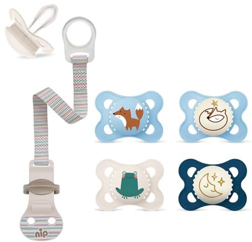 MAM Skin Soft Silikon Schnuller 0-6 Neutral // 2er Set // inkl. Sterilisiertrasportbox // & Babyfehn Rasselring Ameisenbär mit Schnullerhalter