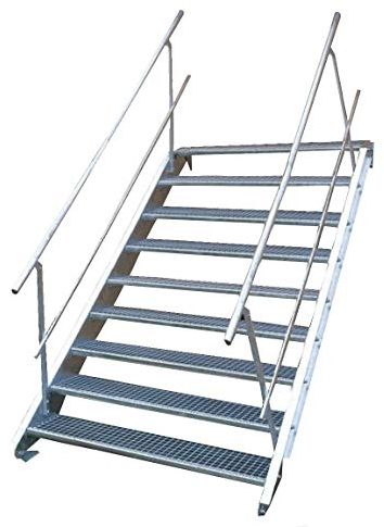 Stahltreppe Industrietreppe Aussentreppe Treppe 9 Stufen-Breite 80cm Variable Geschosshöhe 135-180cm vezinkt mit beidseitigem Geländer