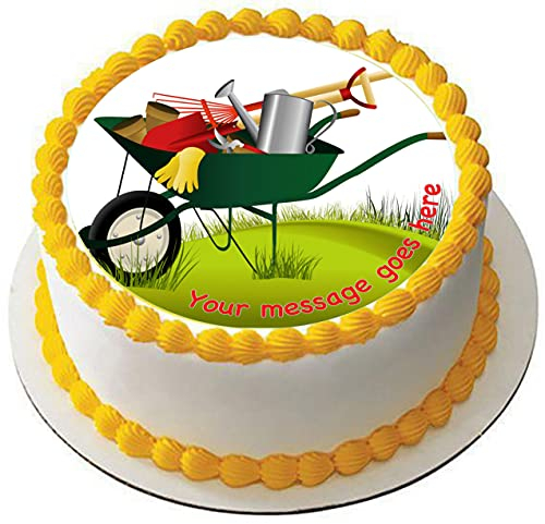 Gardening 19 cm round icing edible cake topper and printed with your custom greeting