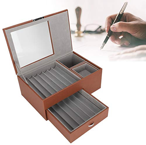 Kuuleyn Fountain Pen Storage Box, Pen Display Box Double Layer Fountain Pen Storage Case PU Leather Pen Collection Organizer, for Father Boyfriend Husband Gift(Brown)