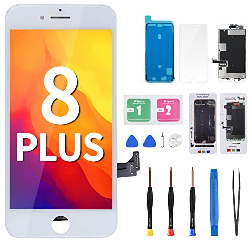 for iPhone 8 Plus Screen Replacement Kit White 8+ Screen Replacement 5.5 LCD 3D Touch Screen Digitizer Frame Assembly with Screen Protector Repair Tools Kit for A1864,A1897,A1898