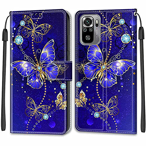 Nadoli Handyhülle für Xiaomi Redmi Note 10 4G,Bunt Bemalt [Blau Schmetterling] Lanyard PU Leder Standfunktion Magnetverschluss Brieftasche Hülle Schutzhülle Etui