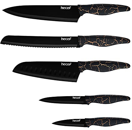 hecef Coltelli Cucina Professionali, Set di Coltelli da Cucina con Coperture Protettive, 5 Pezzi Coltelli da Chef, Resistenti ai Graffi e alla Ruggine, Acciaio Inox, Nero (Modello di fulmine)