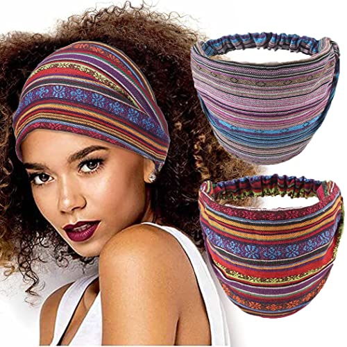 Fashband Boho-Stirnbänder im Vintage-Stil, gestreift, elastisch, rutschfest, für Damen und Mädchen, Rot, 2 Stück