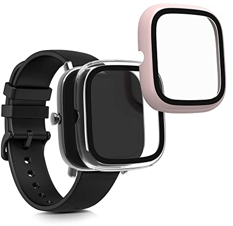 kwmobile 2X Cover kompatibel mit Huami Amazfit GTS 2 Mini Hülle - Fullbody Fitnesstracker Case Set aus Glas - Vintage Pink Transparent