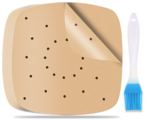 200 Hojas de Papel Cuadrado Freidora Aire con Pulpa de Madera Virgen para Horno y Air Fryer, con Pincel de Aceite (21.6 cm)