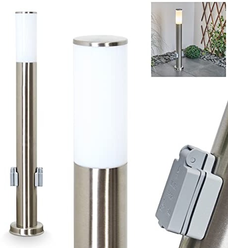 Außenwegeleuchte Caserta mit 2 Steckdosen, moderne Sockelleuchte aus Metall/Kunststoff in Nickel-matt/Weiß, Wegeleuchte 80 cm, Gartenlampe mit E27-Fassung, Gartenbeleuchtung IP44, ohne Leuchtmittel