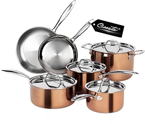 Ciwete Juego de ollas y sartenes de acero inoxidable 18/10 de triple capa (10 piezas), juego de ollas y sartenes de cobre con tapa de acero inoxidable, juego de utensilios de cocina de inducción,