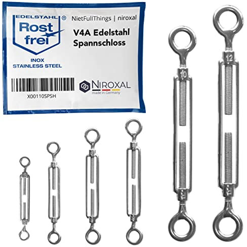 1 tenditore in acciaio inox V4A con due occhielli, conforme allo standard DIN 1480 1478, per corda, occhiello, vite di serraggio M 8 mm