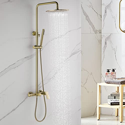 RBROHANT Gebürstetes Gold Freiliegendes Duschsystem mit Wannenauslauf, 3-Funktions-freiliegende Duscharmaturen mit Messingventil, Duschhöhenverstellbar, Wandmontage RB0880