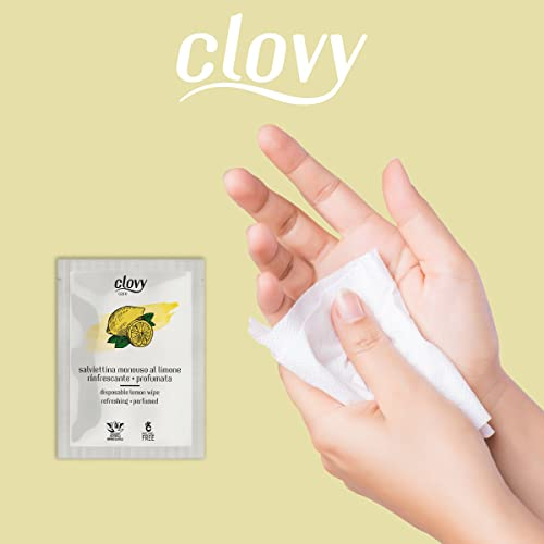 Clovy Care. 1000 Refreshing and scented disposable wipes with lemon soaked with solution based on natural ingredients nickel free.