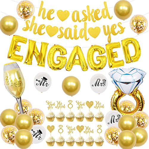 Goldene Verlobungsdekorationen - He Asked She Said Yes Banner, Diamantring, herzförmige Cupcake-Topper, Mr Mrs Luftballons, weiße und goldene Ballons für Verlobungsparty, Brautparty-Dekorationen