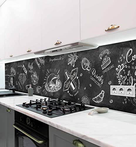 MyMaxxi Küchenrückwand Folie selbstklebend matt - einfache Montage ohne Bohren 0,4mm stark Versteift - Motiv Menü Tafel Schule Weiß Schwarz 60cm hoch - Spritzschutz Küche Klebefolie 340 x 60cm