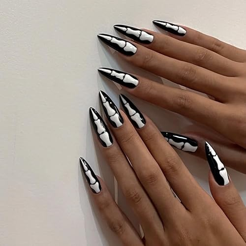 Brishow Künstliche Nägel, Halloween-Dekorationen, Press on Nails, schwarzes Skelett, Nägel zum Aufkleben, Ballerina, Acryl, 24 Stück für Frauen und Mädchen