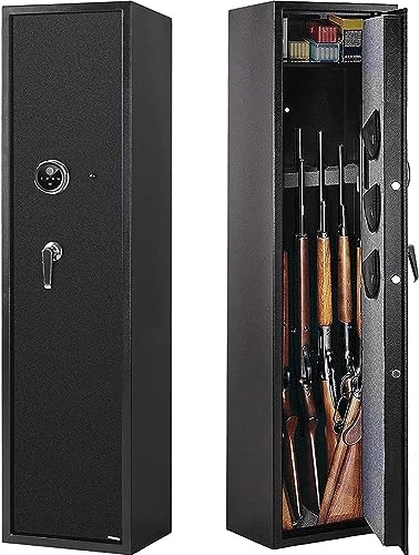 YOGAYE Rifle Safe, Biometric Gun & Cabinet For 5 Rifle Shotgun, Quick Access, Fireproof & Waterproof, Black, Electronic & Key Lock