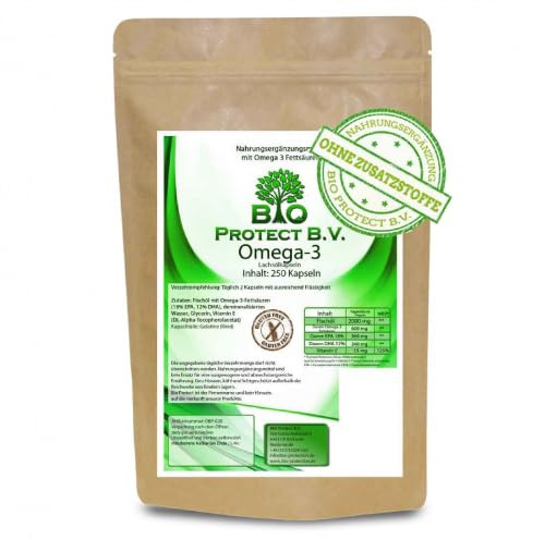 Omega-3 Fischöl Kapseln 1000 mg, 250 Stück, Lachsöl, BioProtect Premium | Mit 360mg EPA und 240 mg DHA; hochdosiert, Premiumqualität, 4 Monate Vorrat mit wertvollen Omega-Fettsäuren, mit Vitamin E