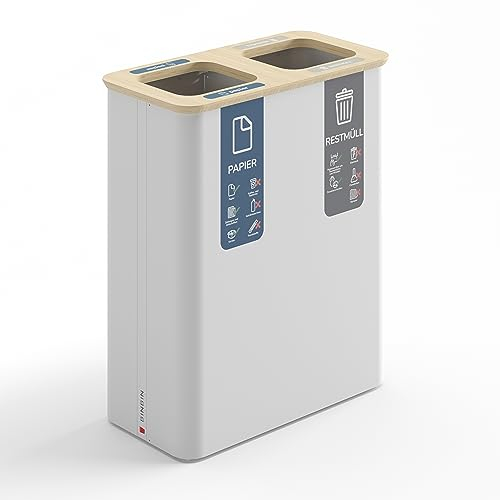 BINBIN Globular 2x60 Liter Mülleimer - Abfallbehälter für Abfalltrennung - Papier - Restmüll - Weiß