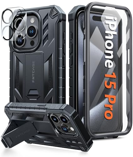 FNTCASE für iPhone 15 Pro Hülle: Military Grade Handyhülle mit Ständer Multifunktion Schutzhülle mit Kameralinsenschutz 360 Rundumschutz Outdoor Case für iPhone 15 Pro Cover 6,1 Zoll (A-schwarz)