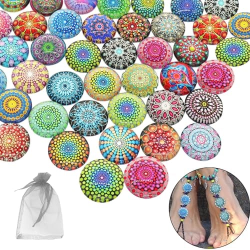 DALAETUS 101 Pcs Round Mosaic Tiles Set, Colourful Decorative Glass with White Storage Bag, Decorative Glass Cabochons for Jewellery Making Crafts DIY, Dome Cabochons for Home Garden Wedding
