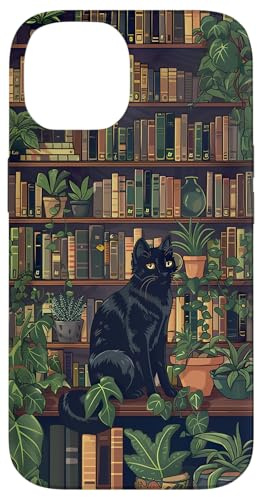 Aesthetic Black Cat & Book Library Plant Bookworm Book Case for iPhone 14