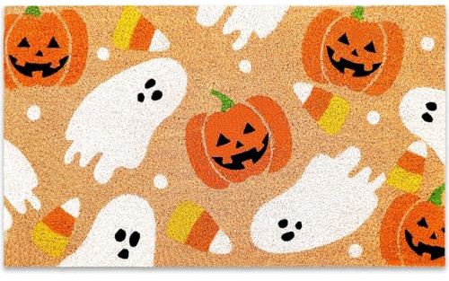 JarThenaAMCS Halloween Natural Coir Doormat Ghost Pumpkin Bat Candy Welcome Floor Mat Non-Slip Entrance Door Rugs for Indoor Outdoor Bathroom Porch Decor, 16.5 x 29 Inch