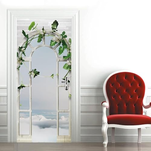 Türtapete Selbstklebend Türfolie Türposter 3D Grüne Pflanze, Weiße Wolken 77 X 200 Cm Vinyl Folie Türdeko Tapete Wandbild Türaufkleber Türtattoo - Kinderzimmer Wohnzimmer Küche Schlafzimmer