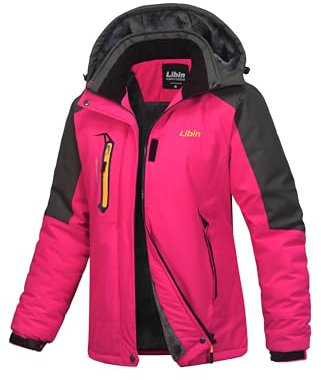 Libin Winterjacke Damen Warm Skijacke Outdoor Sportjacke Wanderjacke Damen Wasserdicht Atmungsaktiv Fleece Dicke Gefüttert Übergangsjacke Reitjacke mit Abnehmbarer Kapuze Rosarot, M