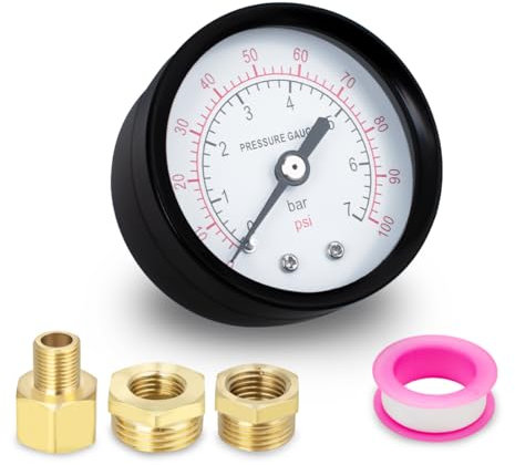Innfeeltech 1 manómetro de bomba de pozo de 50 mm BSP 1/4 0-7 Bar 0 a 100 psi, con 2 casquillos y 1 Junta reductora hexagonal, 1 cinturón de politetrafluoroen, axial