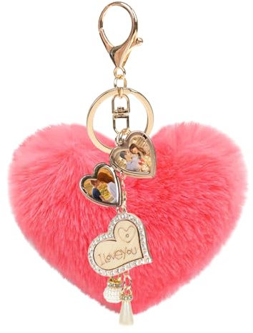 JK Home Porte-Clef Personnalisé Coeur Porte-clé Photo Pendentif Pompon en Peluche Cristal avec Boîte pour Voiture Sac à Main Saint-Valentin Noël Love Rouge