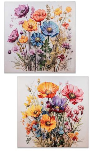 formano Wandbild Blumen 2er Set 60x60cm Leinwand Gemälde Goldglitter Dekoration Goldglitter Spachteltechnik Wohnzimmer Geschenk Modern Kunst Natur Wanddekoration Sommer