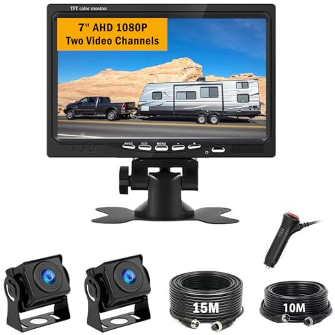 ANDUBEST Kit telecamera posteriore con monitor LCD da 7 2 telecamere HD risoluzione IP68 impermeabile visione notturna a colori per camion/rimorchio/autobus/furgone/agricoltura e trasporto pesante