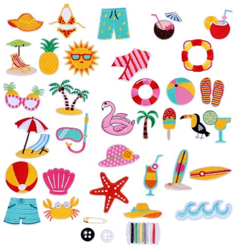 Tinoaly 33 Pcs Summer Iron On Patches, Hawaiian Holiday Style Beach Embroidered Sew on Patches Cute Repair Decorative Applique for Clothing Hat Shirt Bag Jeans Decorations