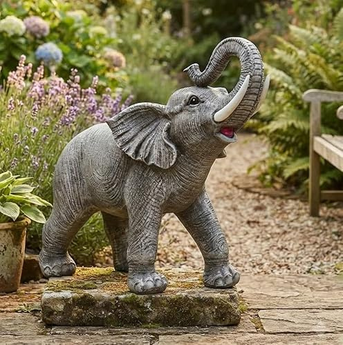Large African Grey Elephant Garden Statue Resin IndoorOutdoor Ornament 42cm | Raised trunk lucky animal figure. Weatherproof backyard patio sculpture. Majestic wildlife home shelf decor gift.