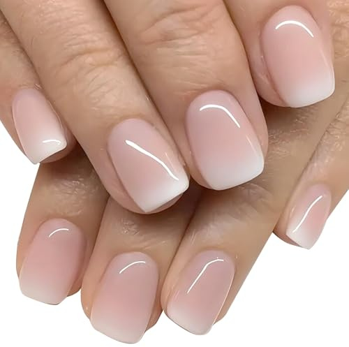 24 Stück Press On Nails Kurz, Square Nägel Zum Aufkleben Kurz, Rosa Nude Pink Gradient Whit Fingernägel Zum Aufkleben, Wiederverwendbar Fake Nails, Künstliche Fingernägel, für Frauen & Mädchen